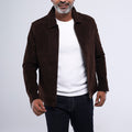 Men's dark brown goat suede shirt collar jacket