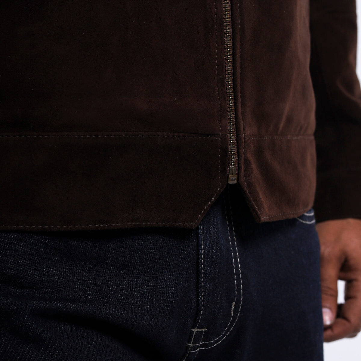 Men's dark brown goat suede shirt collar jacket