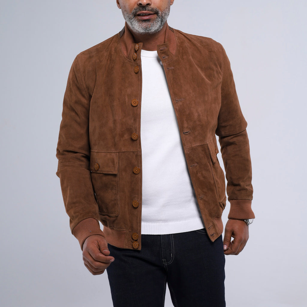 Pilot men's cognac goat suede bomber jacket with button stand collar