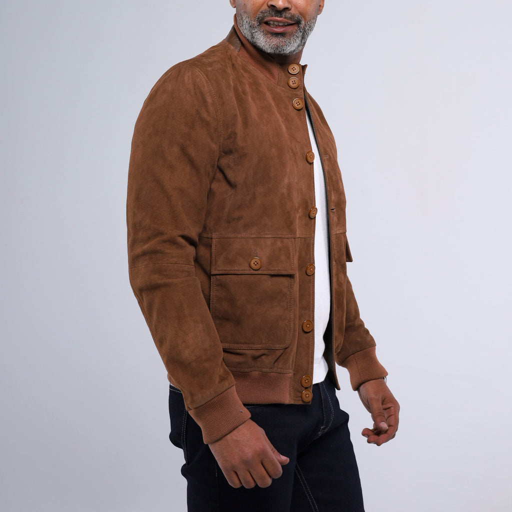 Pilot men's cognac goat suede bomber jacket with button stand collar