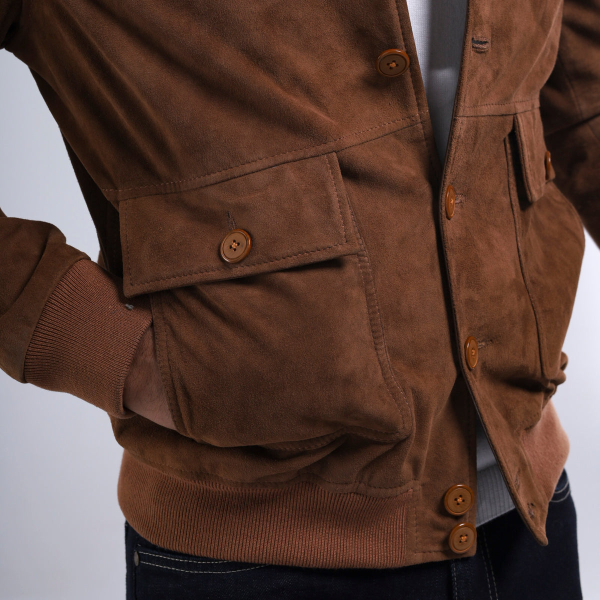 Pilot men's cognac goat suede bomber jacket with button stand collar