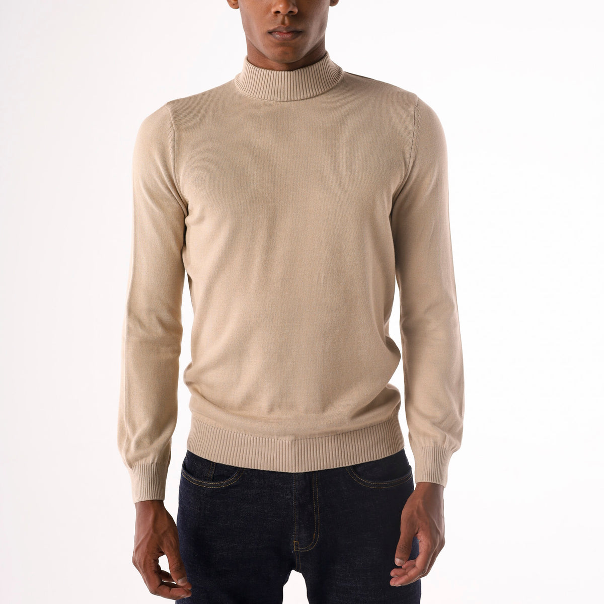 Men's beige 100% cotton single layer mock neck knitted sweater