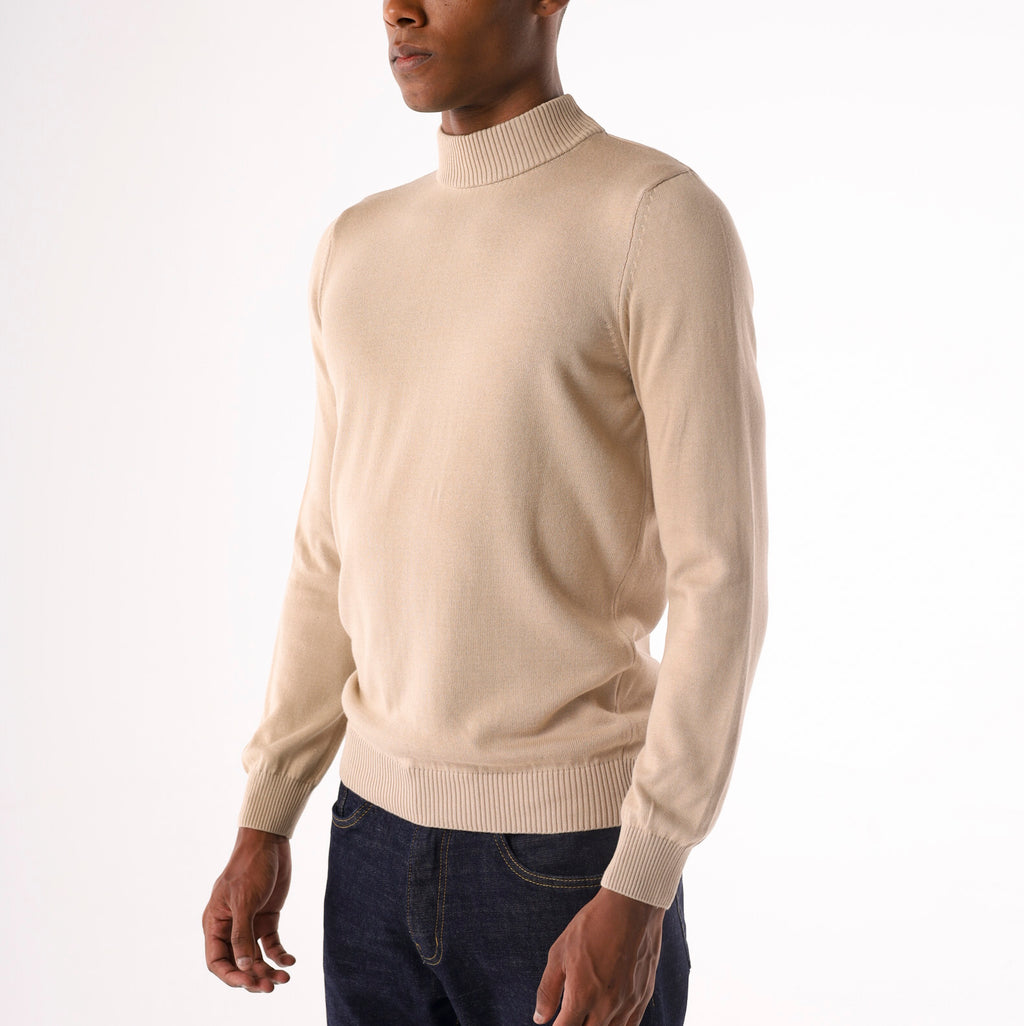 Men's beige 100% cotton single layer mock neck knitted sweater