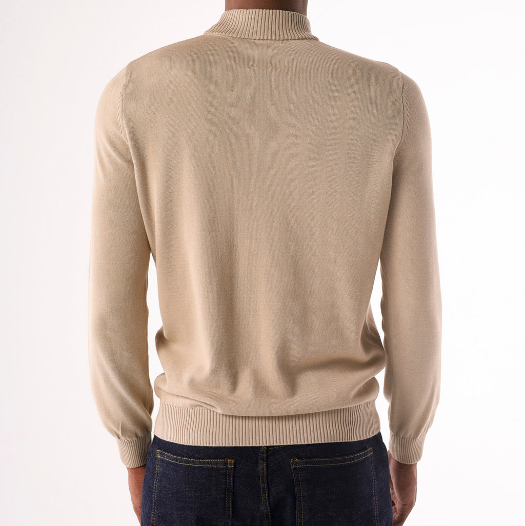 Men's beige 100% cotton single layer mock neck knitted sweater