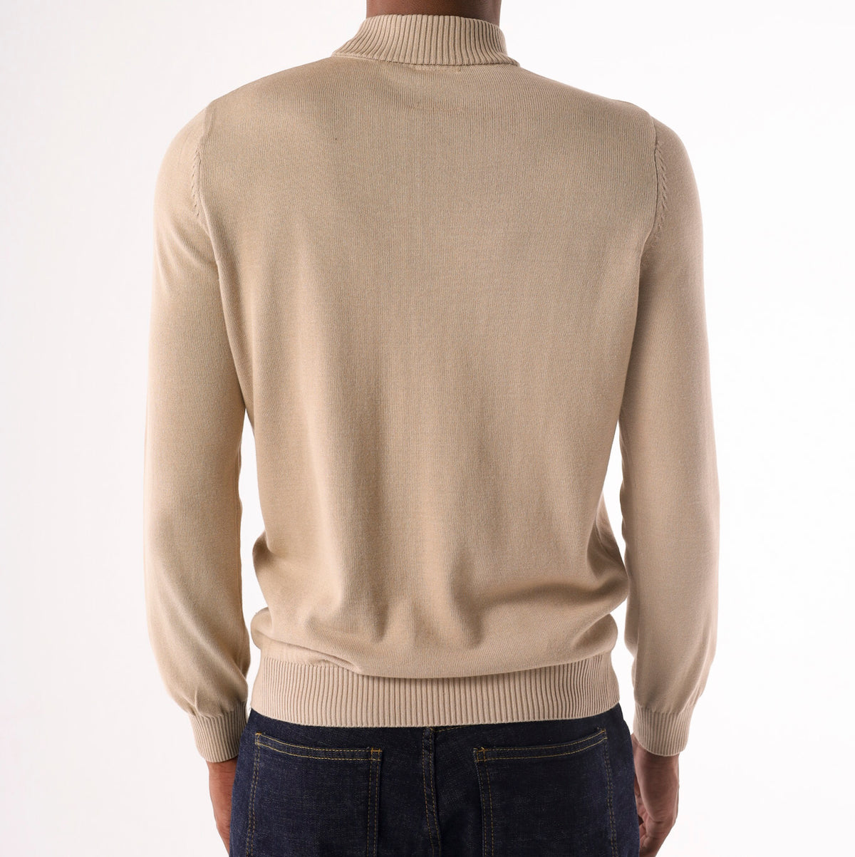 Men's beige 100% cotton single layer mock neck knitted sweater