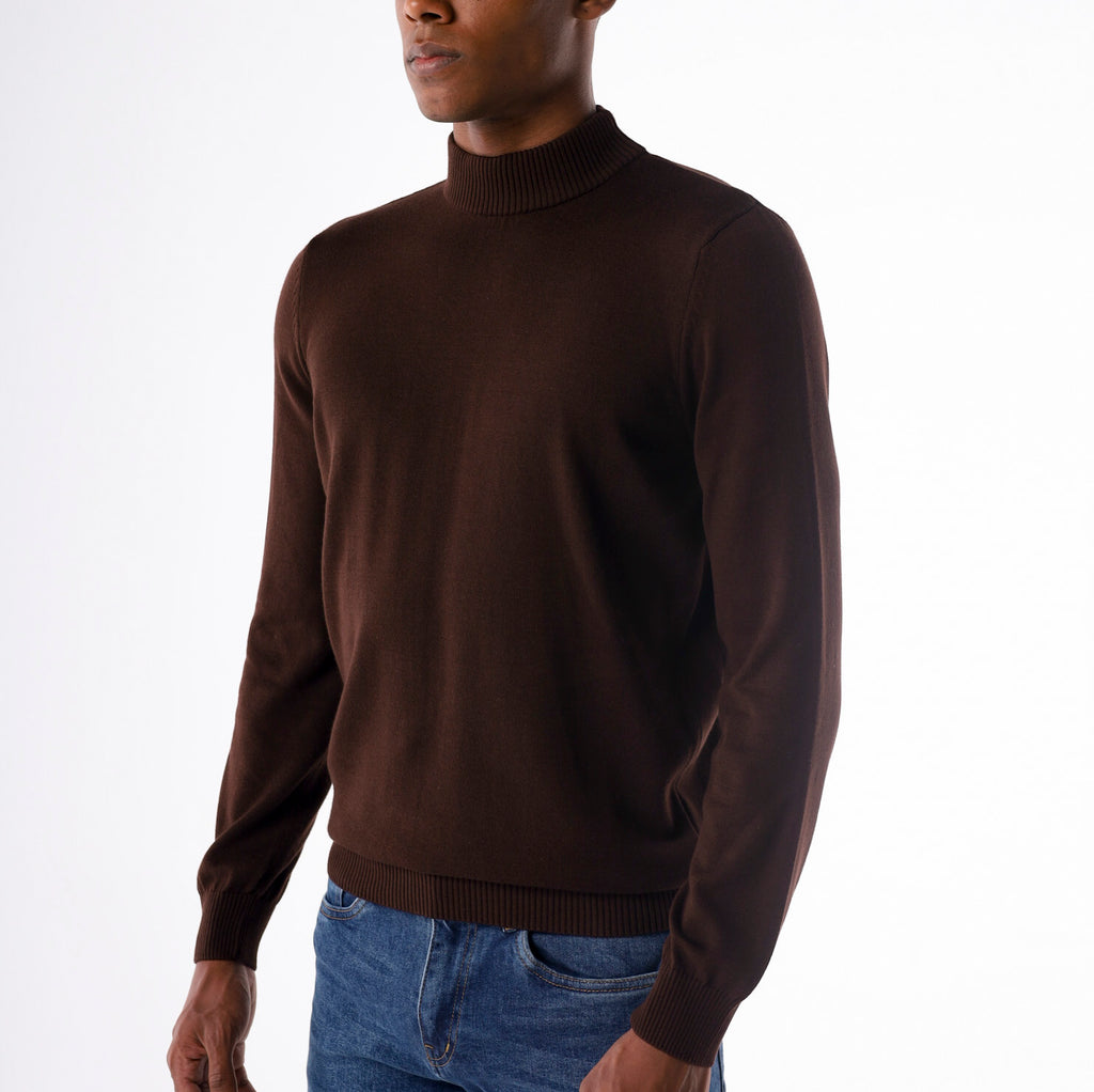 Men's dark brown fine gauge cotton single layer mock neck sweater