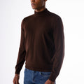 Men's dark brown fine gauge cotton single layer mock neck sweater