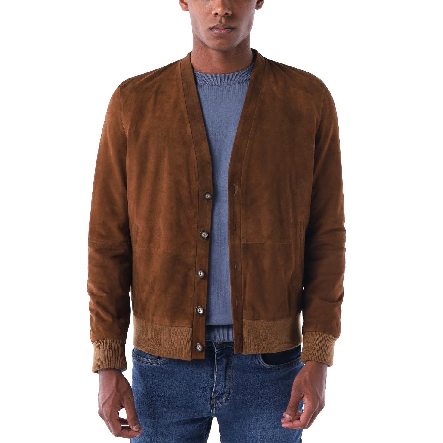 Man wearing a brown suede jacket over a blue shirt on a white background