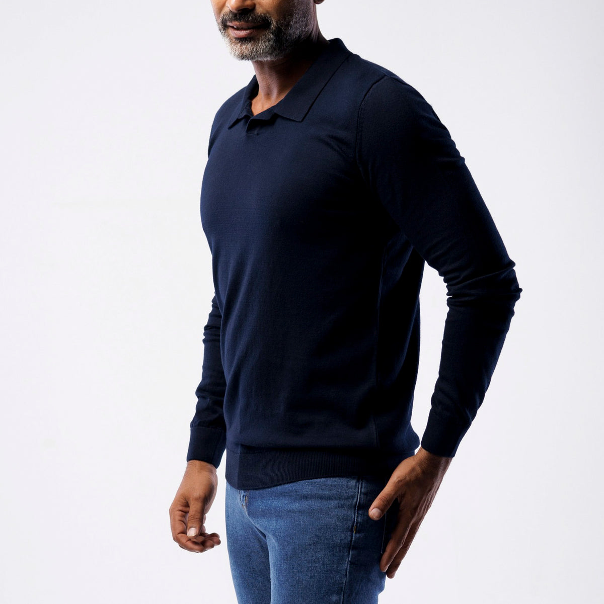 Men's navy blue fine knit long sleeve polo sweater