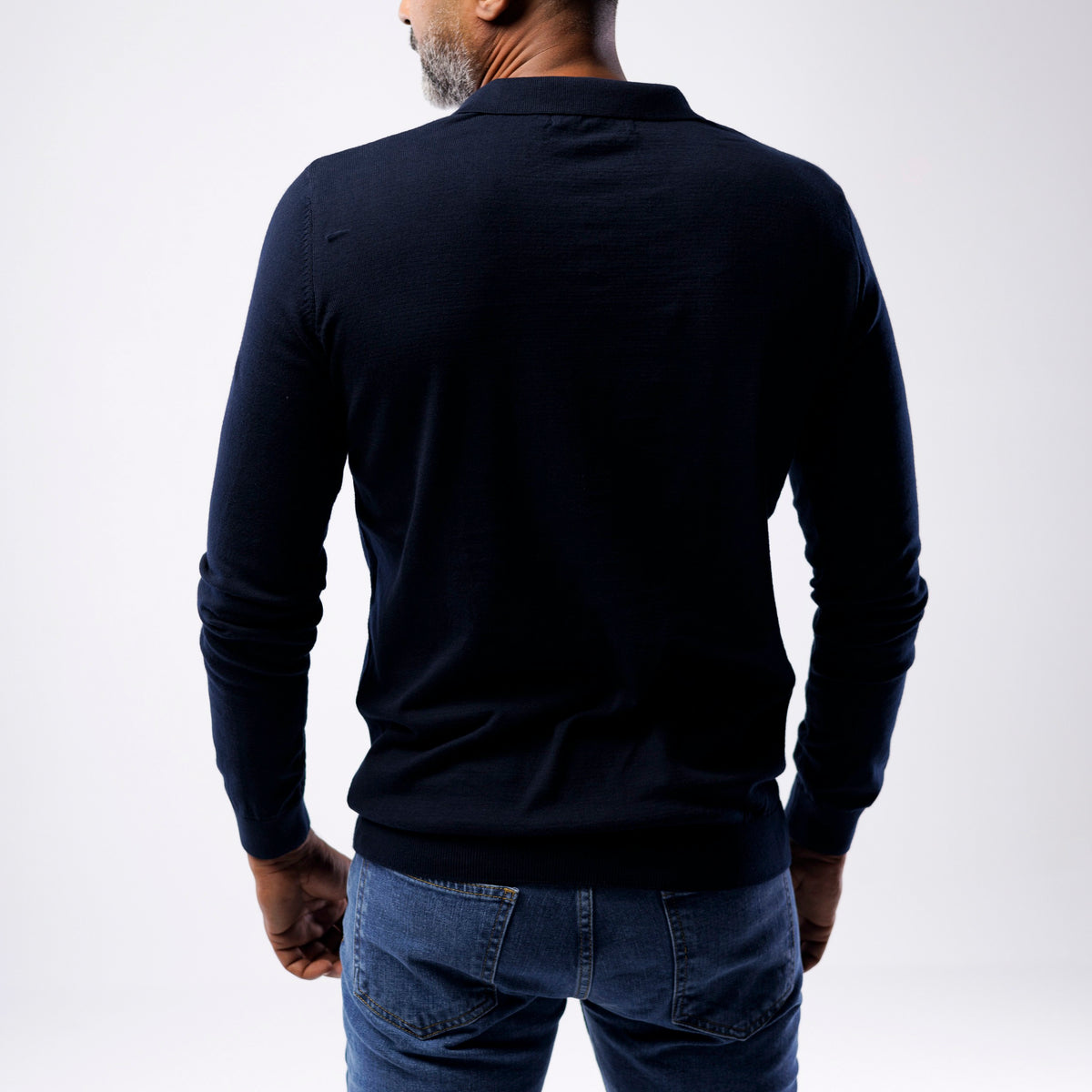 Men's navy blue fine knit long sleeve polo sweater
