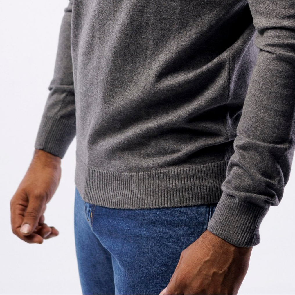 Men's charcoal grey 100% cotton double layer mock neck sweater