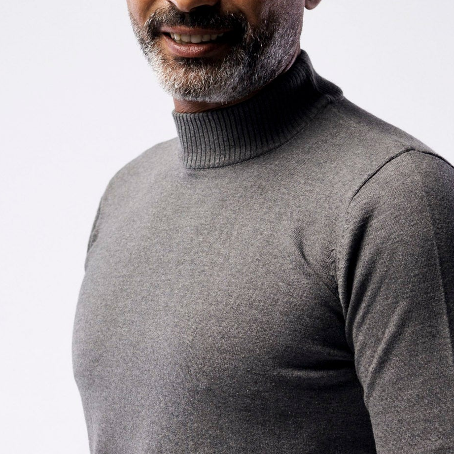 Men's charcoal grey 100% cotton double layer mock neck sweater