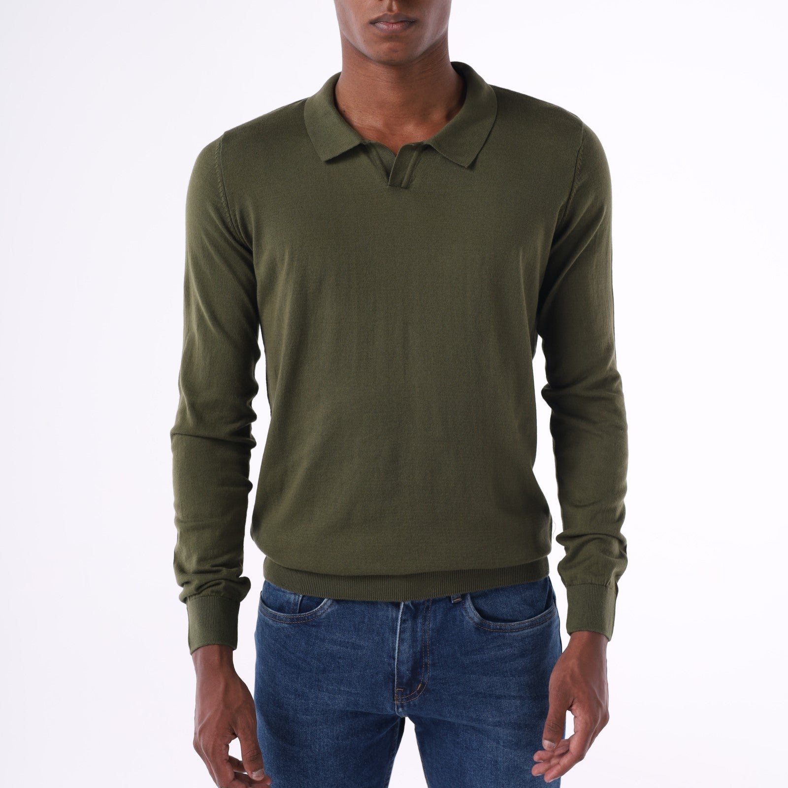 Knitted V-Neck Long-Sleeve Polo