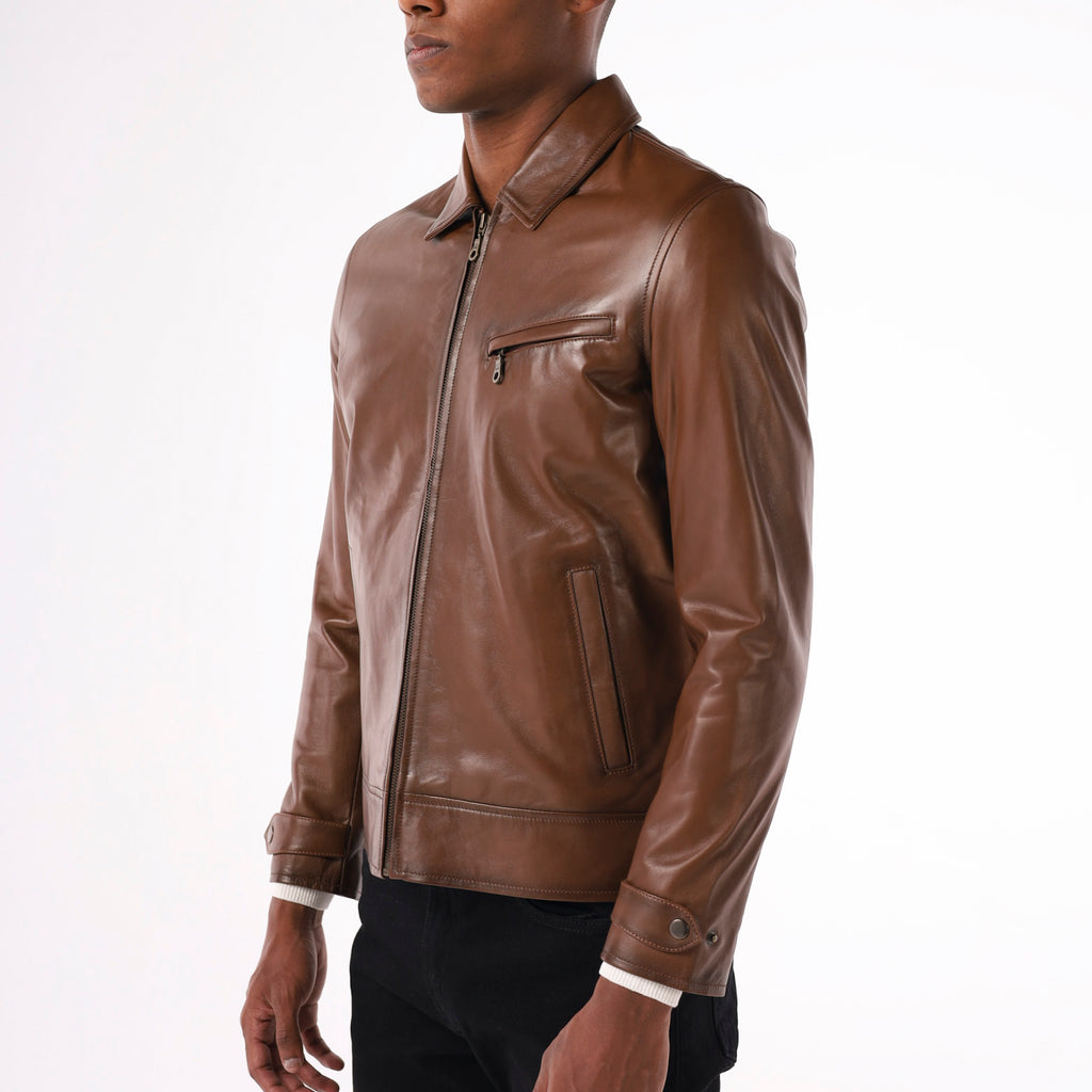 Men's antique tan lambskin leather jacket with classic collar and YKK copper zippers