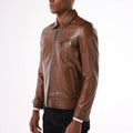Men's antique tan lambskin leather jacket with classic collar and YKK copper zippers