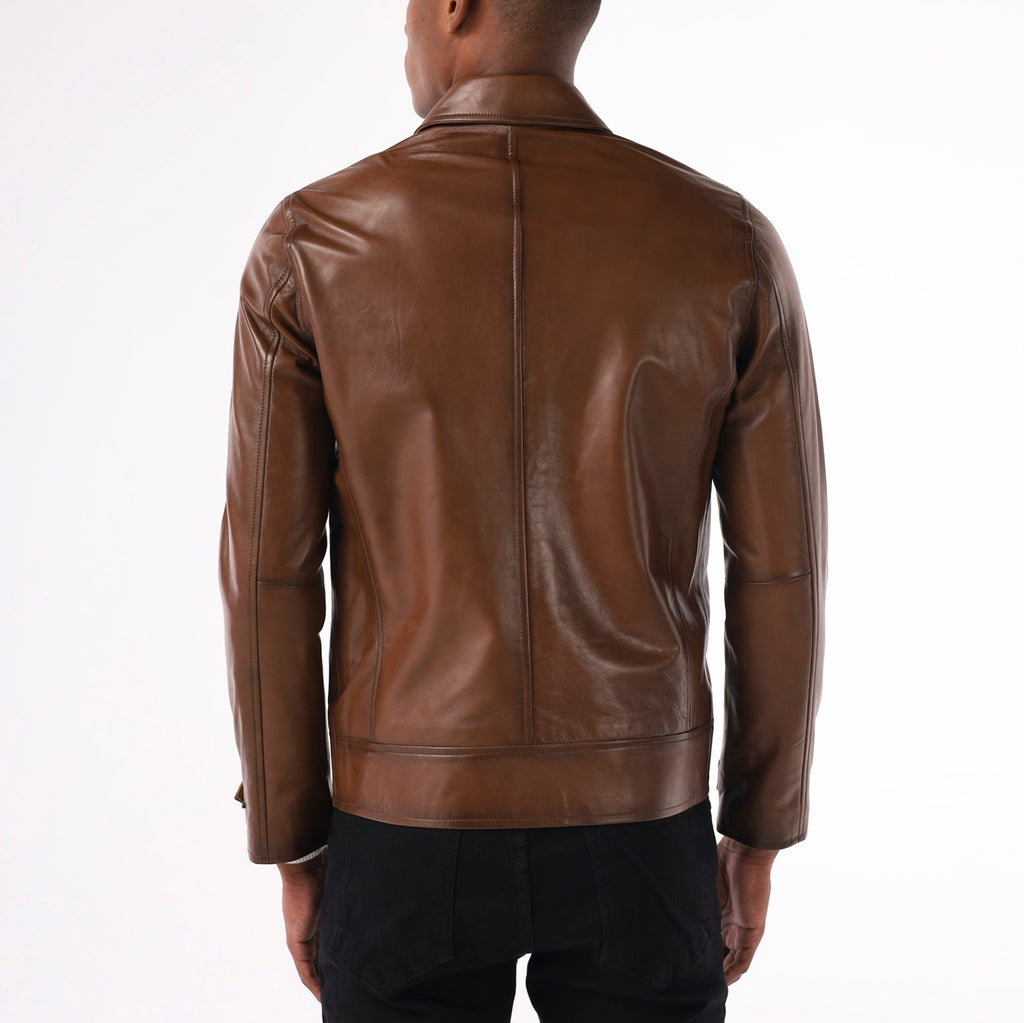 Men's antique tan lambskin leather jacket with classic collar and YKK copper zippers