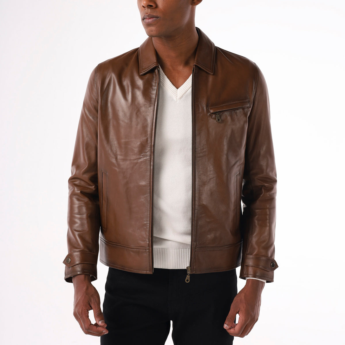 Men's antique tan lambskin leather jacket with classic collar and YKK copper zippers