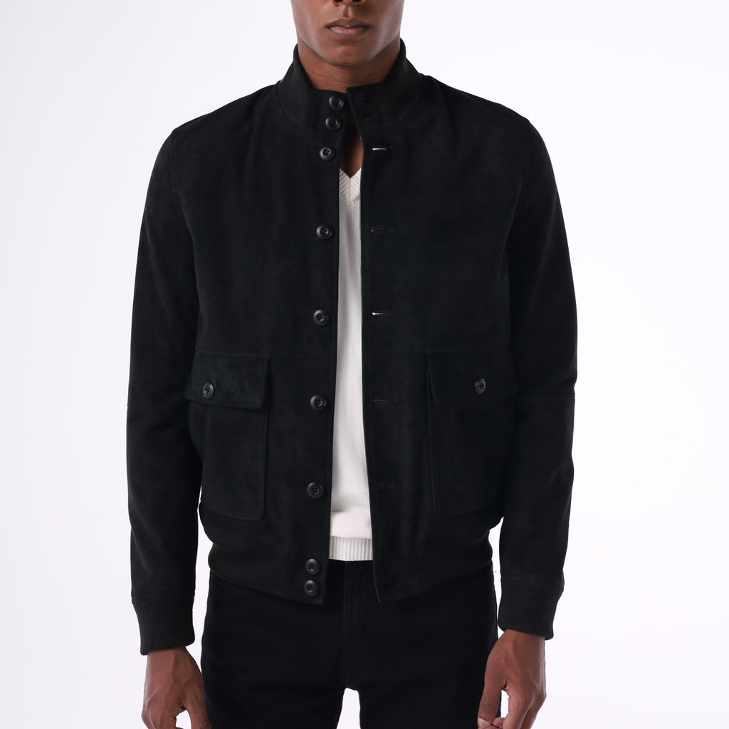 Man wearing a black jacket on a white background