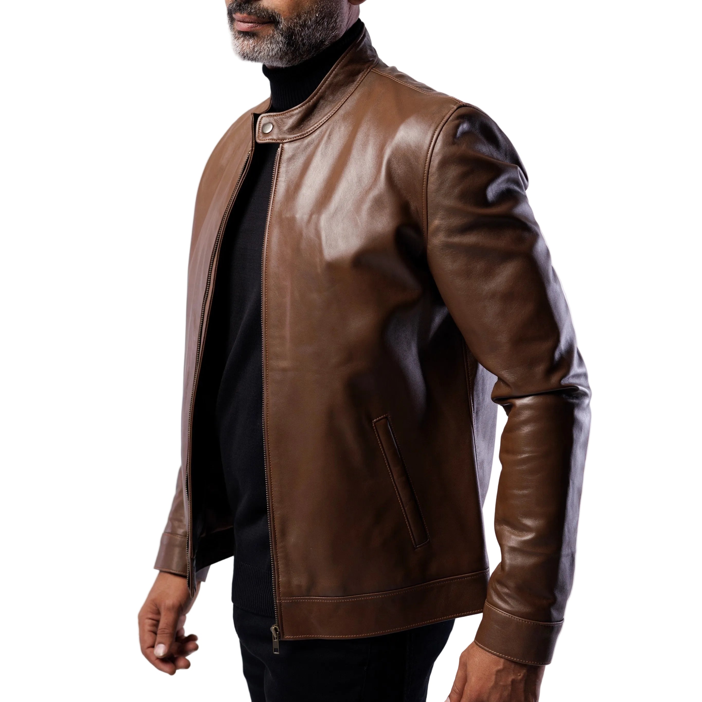 Man wearing a brown leather jacket on a white background