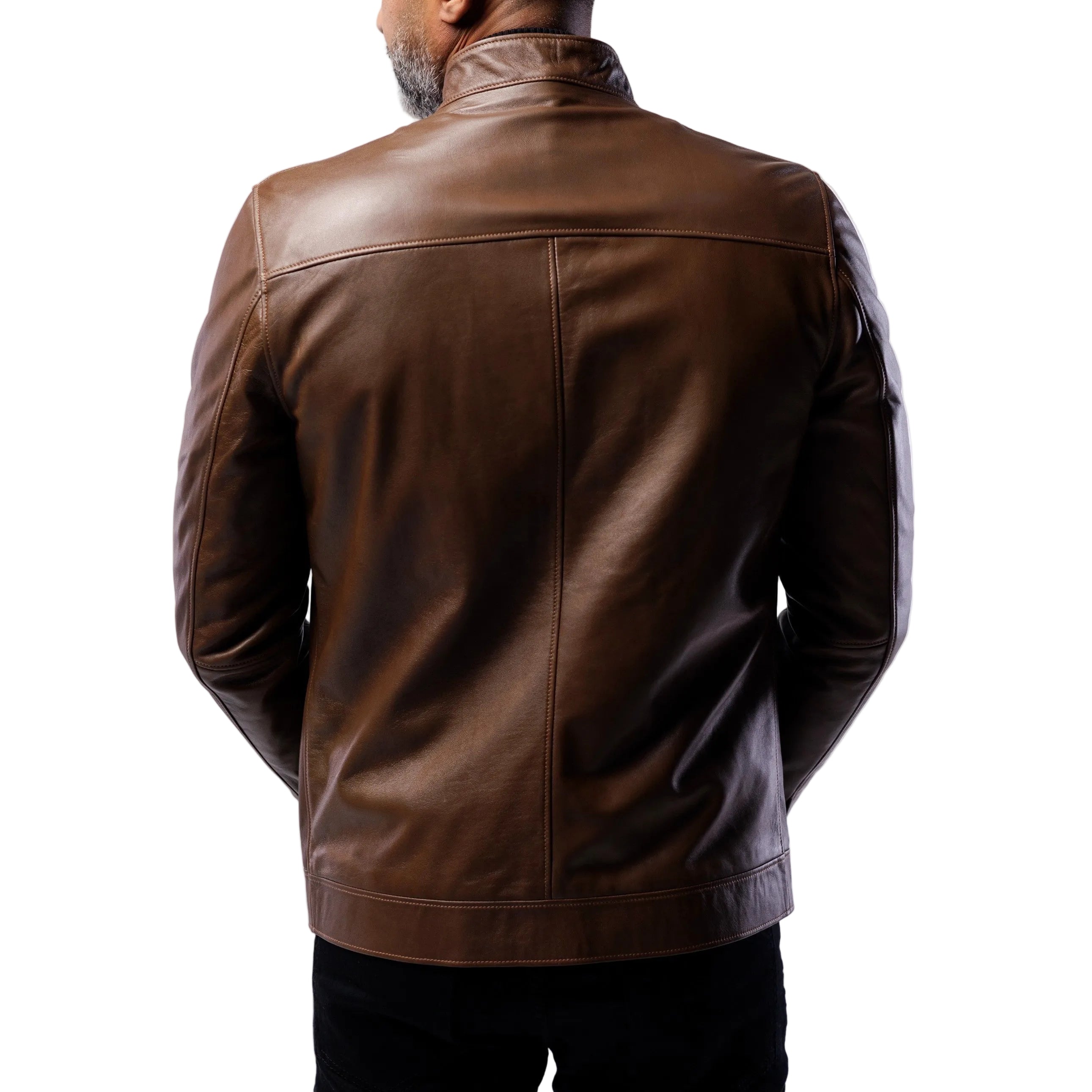 Brown leather jacket worn by a person on a white background