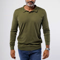Men's olive green 100% cotton long sleeve knitted polo sweater with open collar