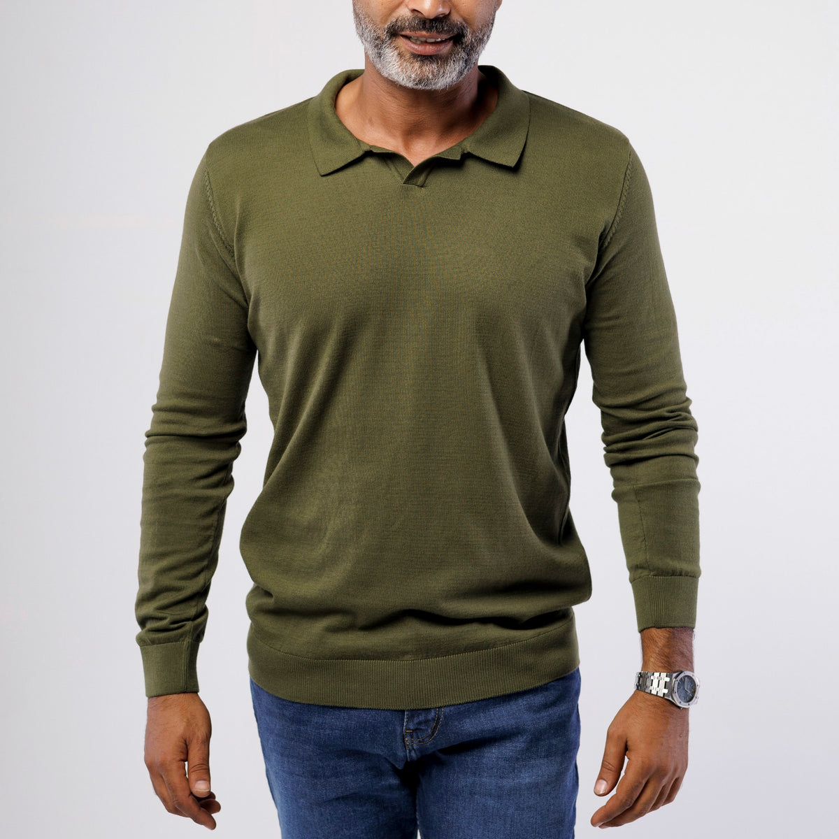 Men's olive green 100% cotton long sleeve knitted polo sweater with open collar