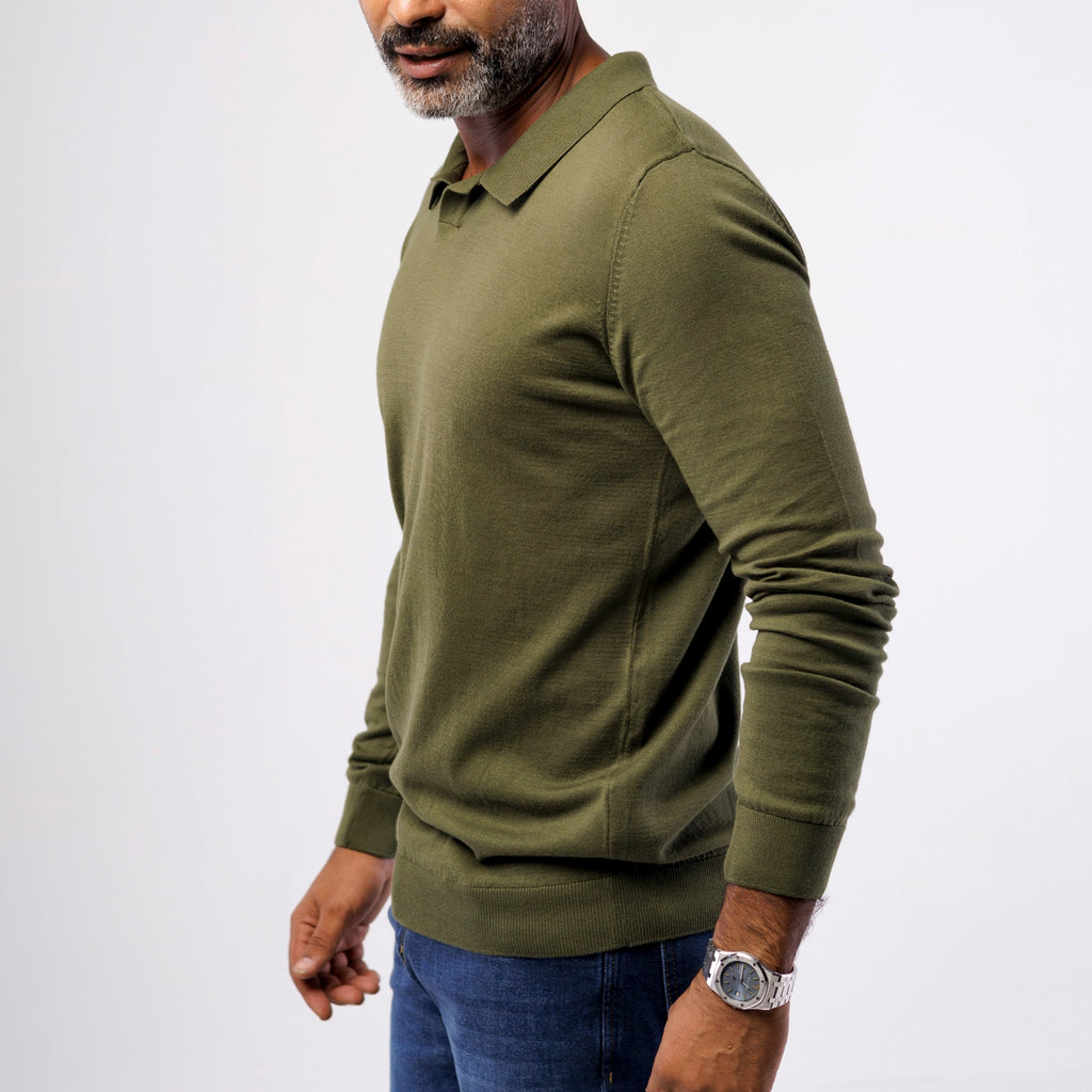 Men's olive green 100% cotton long sleeve knitted polo sweater with open collar
