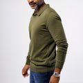 Men's olive green 100% cotton long sleeve knitted polo sweater with open collar