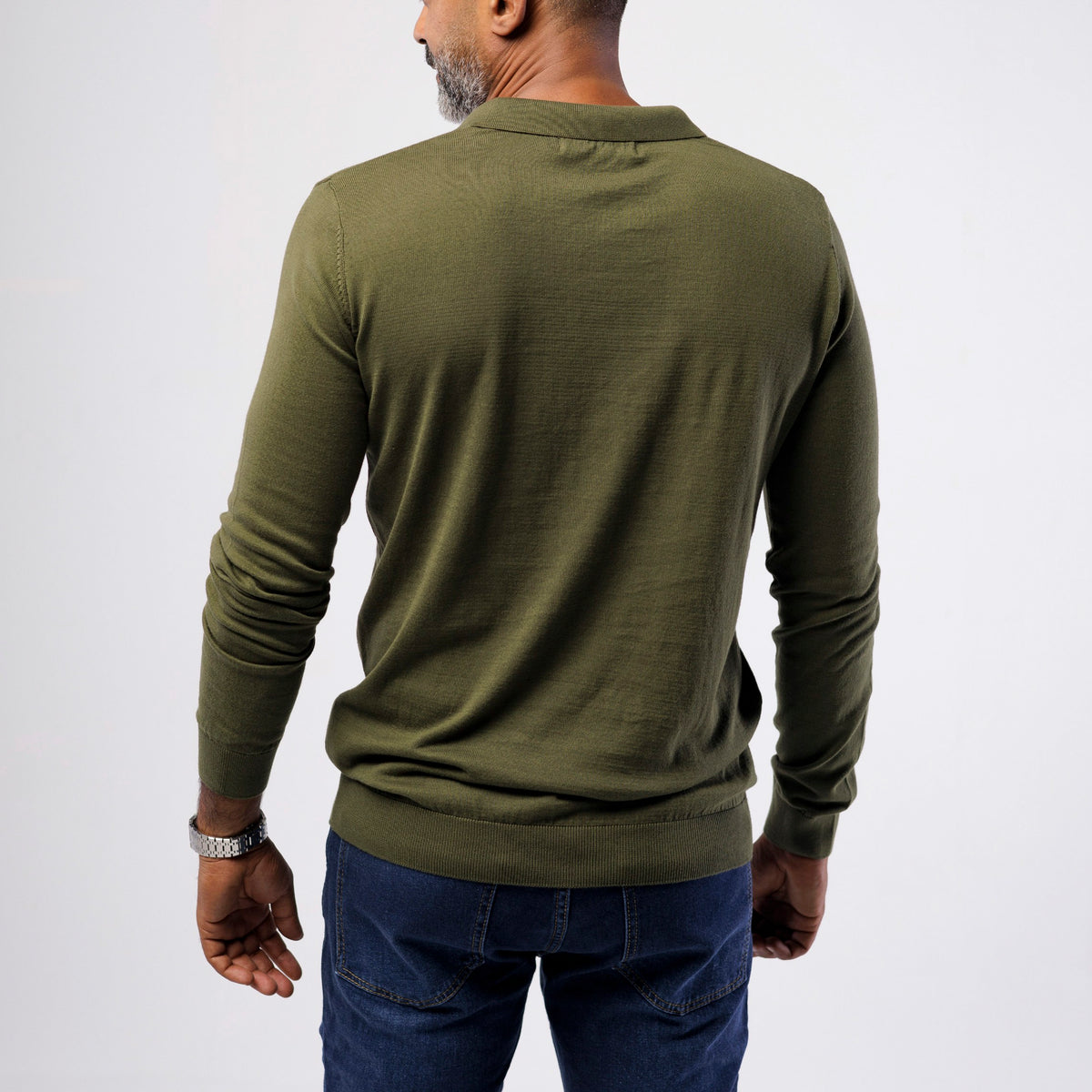 Men's olive green 100% cotton long sleeve knitted polo sweater with open collar