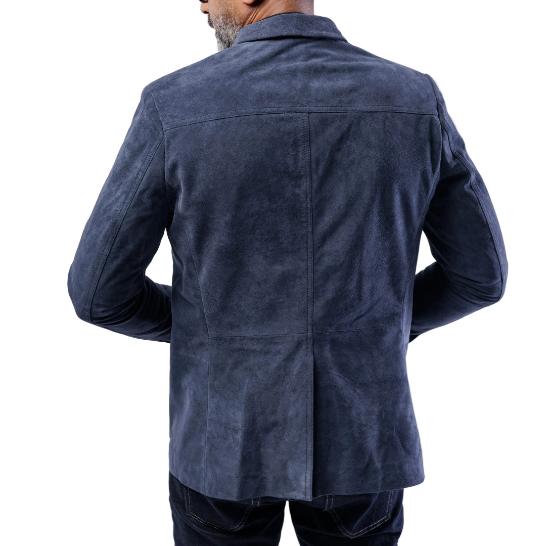Man wearing a blue suede jacket on a white background