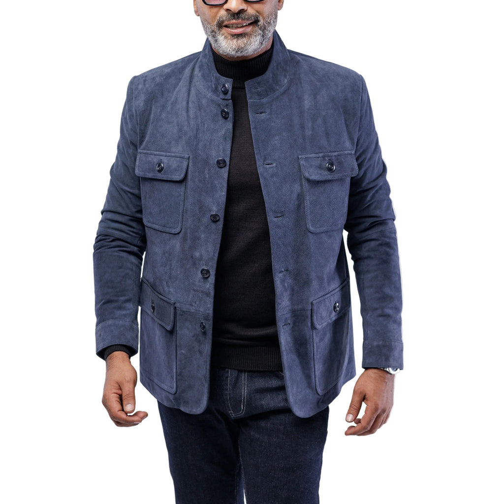 Man wearing a blue suede jacket on a white background