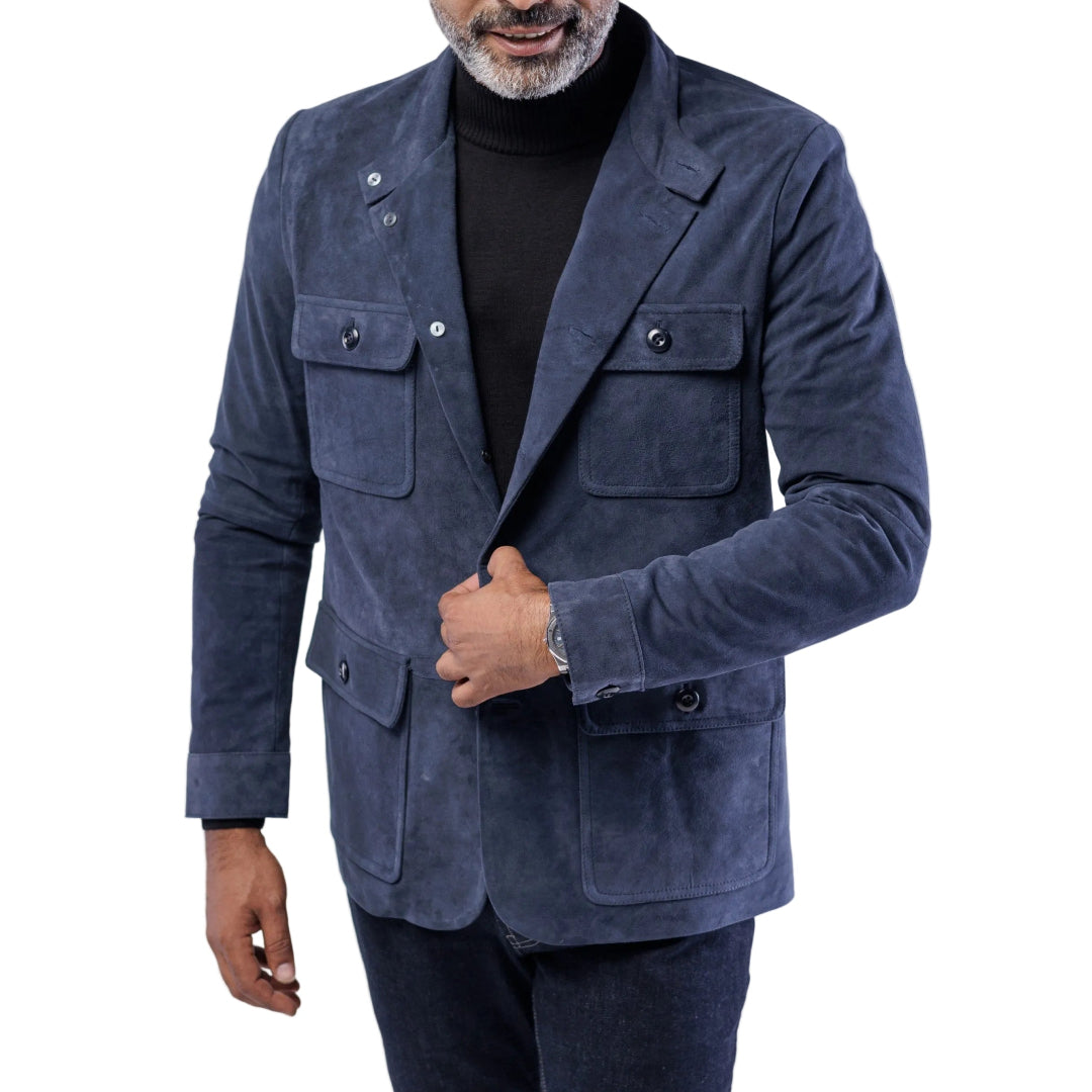 Man wearing a blue suede jacket on a white background
