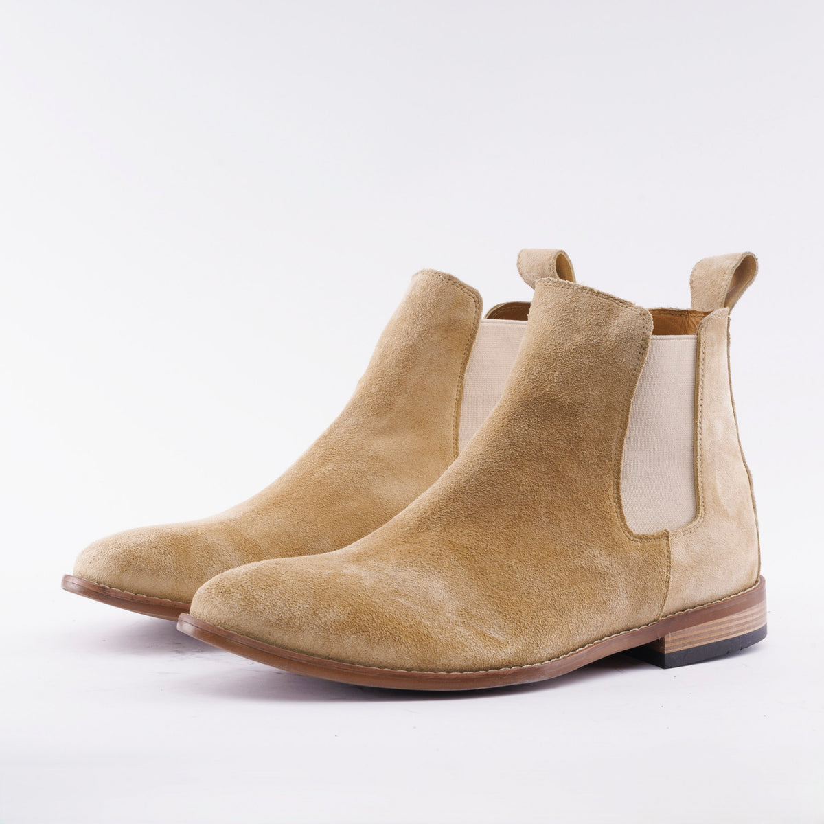 Men's sand beige calfskin suede Chelsea boot with stacked hybrid sole
