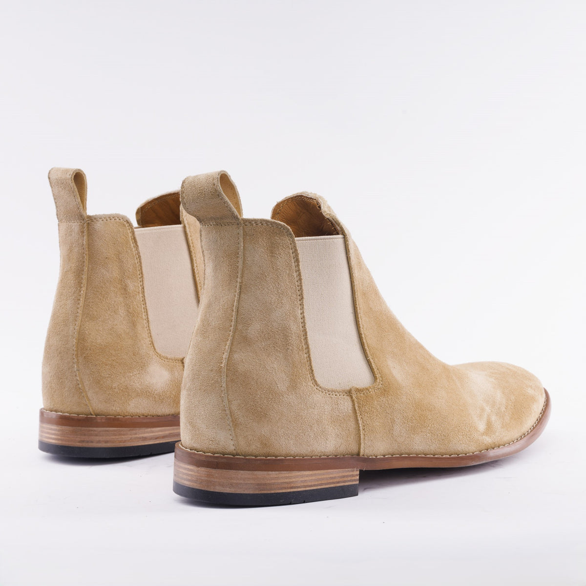 Men's sand beige calfskin suede Chelsea boot with stacked hybrid sole