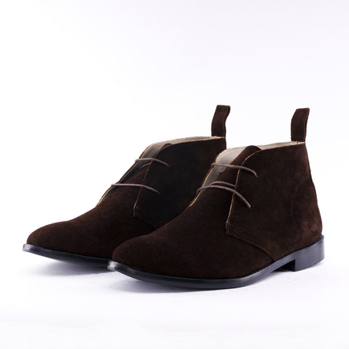 Men's chocolate brown calfskin suede Chukka boot with stacked hybrid sole