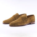 Men's camel suede strap loafer with stacked hybrid rubber-wood sole