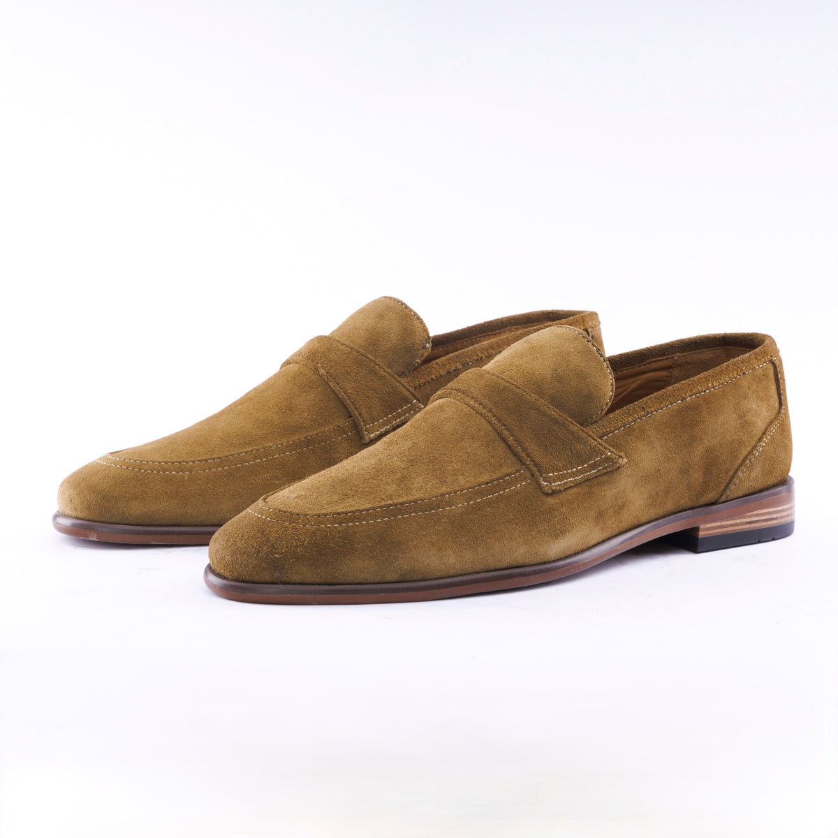 Men's camel suede strap loafer with stacked hybrid rubber-wood sole