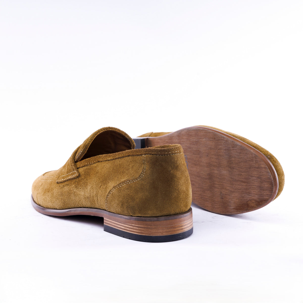 Men's camel suede strap loafer with stacked hybrid rubber-wood sole