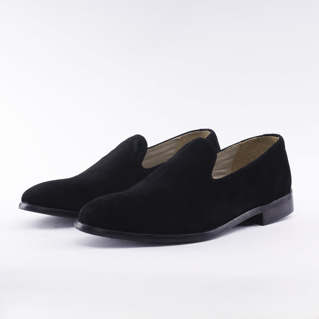 Men's minimalist black suede Venetian slipper loafer with thin rubber wood sole