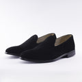 Men's minimalist black suede Venetian slipper loafer with thin rubber wood sole