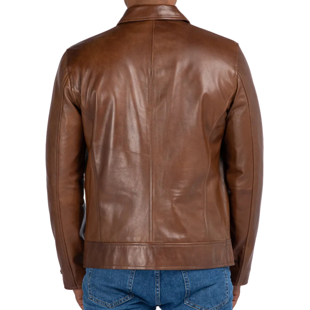 Man wearing a brown leather jacket on a white background