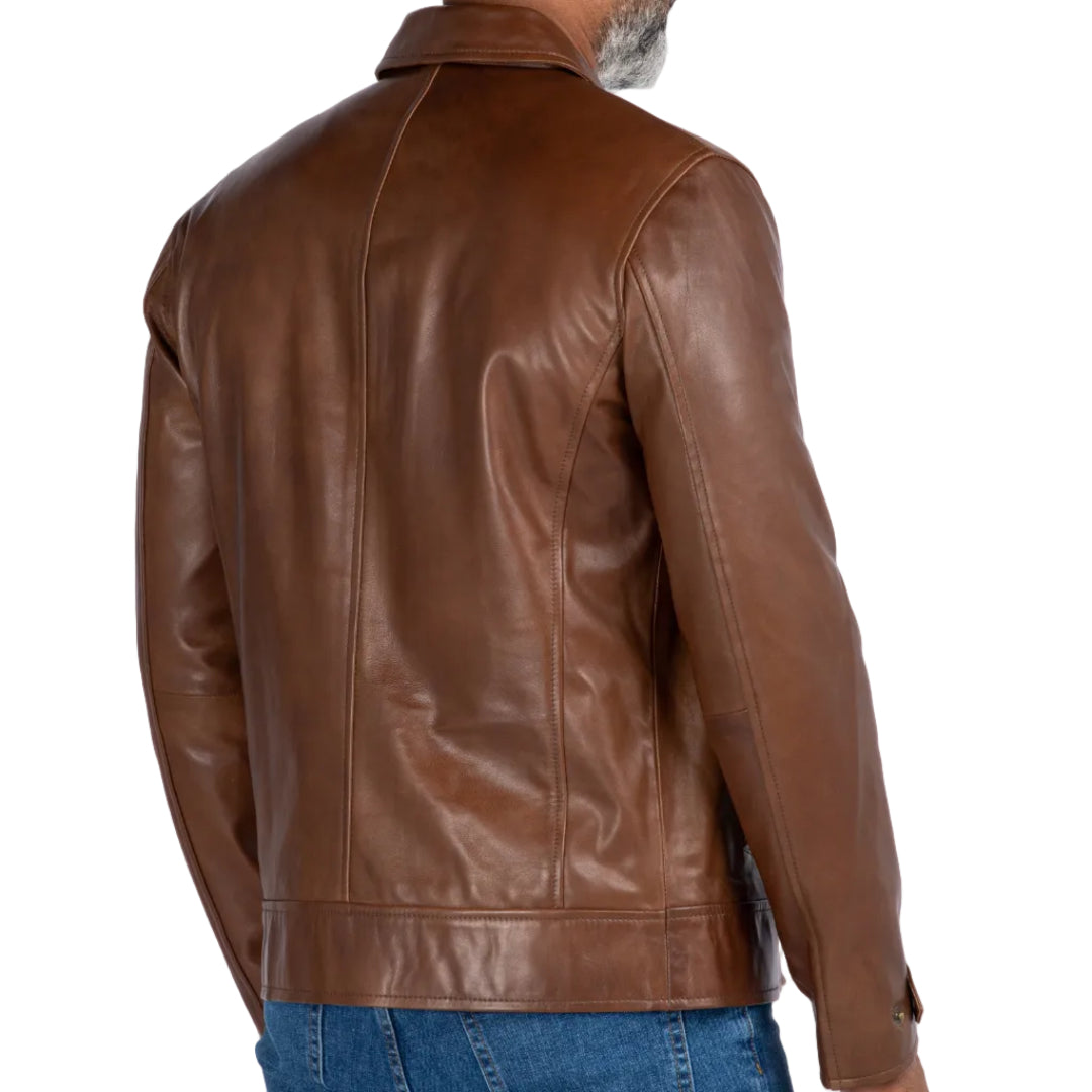 Man wearing a brown leather jacket on a white background
