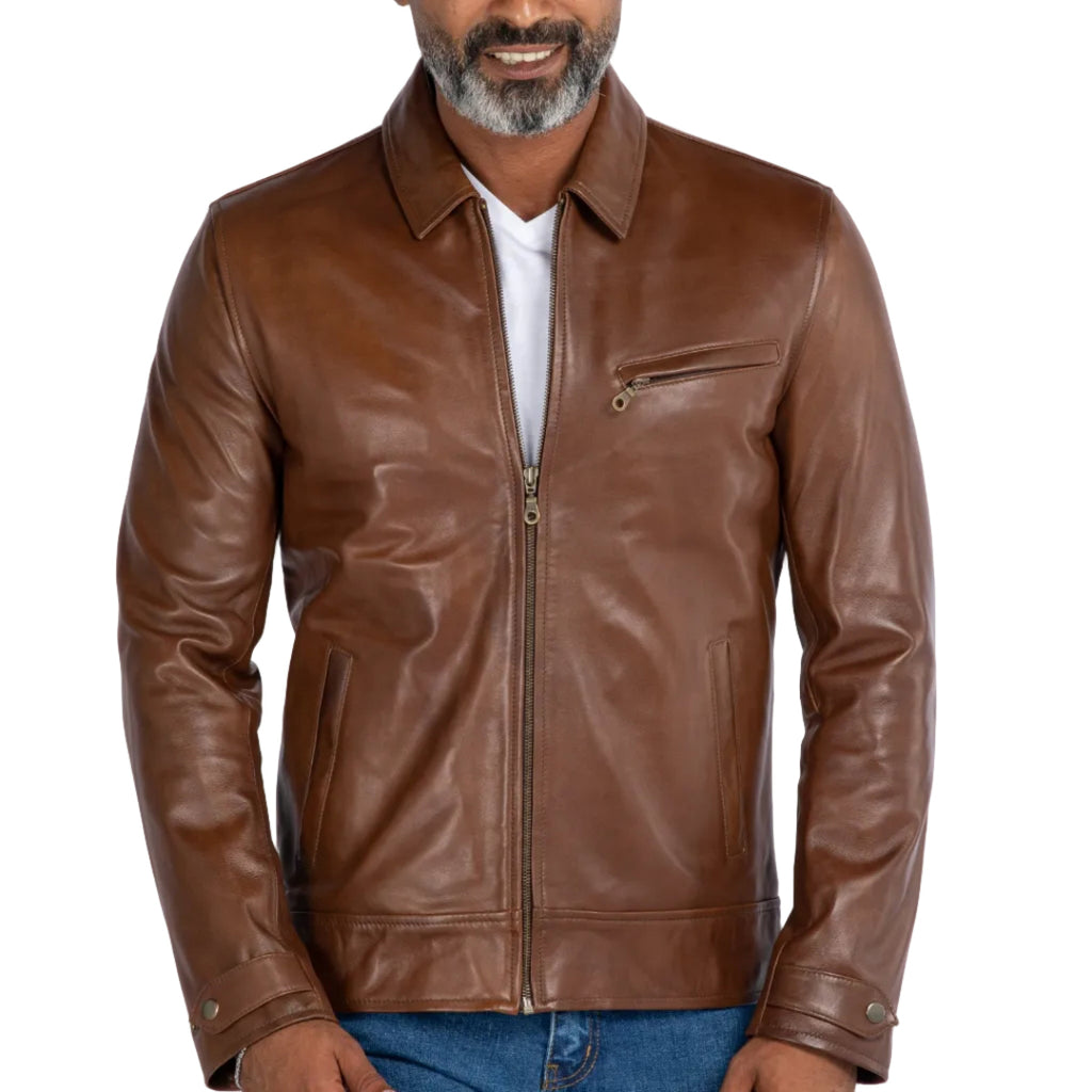 Man wearing a brown leather jacket on a white background