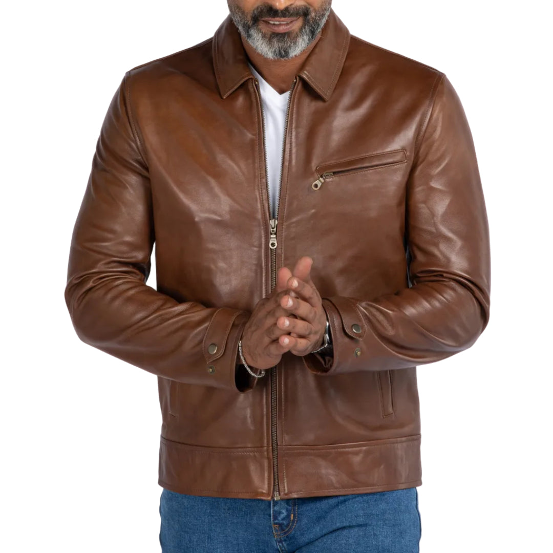Man wearing a brown leather jacket on a white background