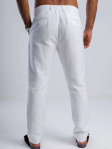 White linen blend tapered trousers showing the back view, featuring discreet pockets and tailored fit.