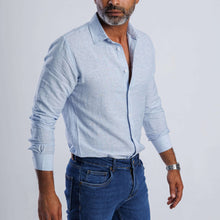 Load image into Gallery viewer, Light blue linen blend slim fit shirt for men, perfect for summer with breathable comfort and stylish elegance.
