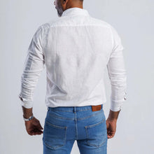 Load image into Gallery viewer, Back view of Linen Blend Slim Fit Shirt, showcasing its soft texture and buttoned cuffs, perfect for summer elegance.
