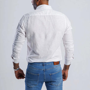 Back view of Linen Blend Slim Fit Shirt, showcasing its soft texture and buttoned cuffs, perfect for summer elegance.