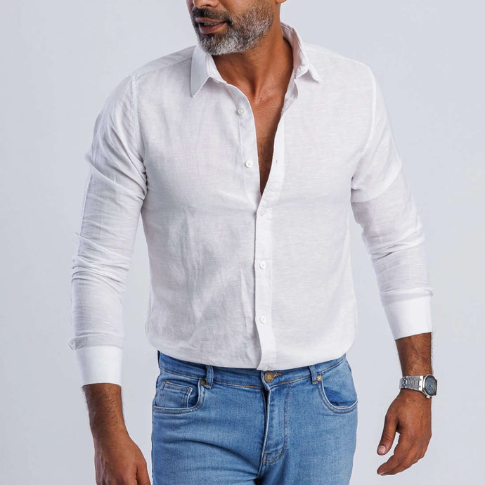 Linen Blend Slim Fit Shirt for men, featuring long sleeves and a soft, breathable fabric, perfect for summer elegance.