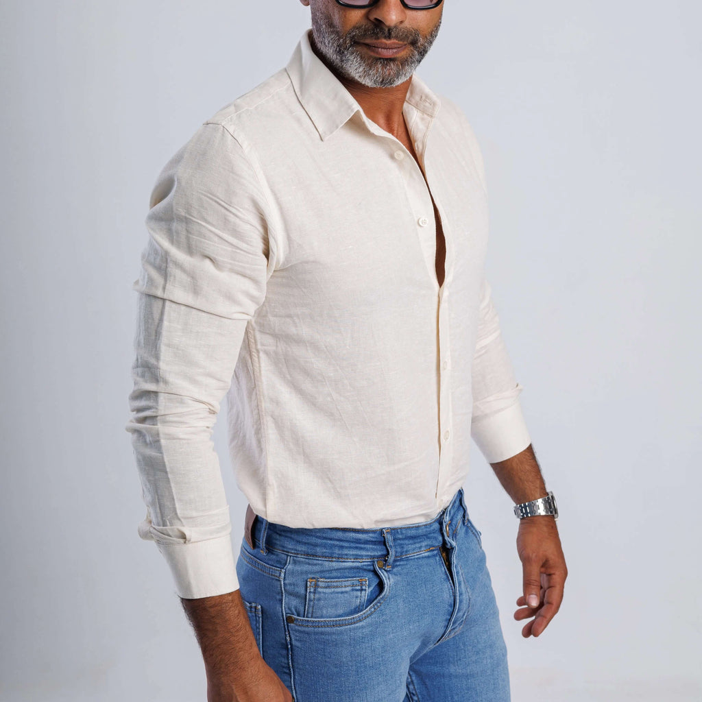 Linen blend slim fit shirt by SOLID in soft beige, featuring long sleeves and buttoned cuffs for a stylish summer look.